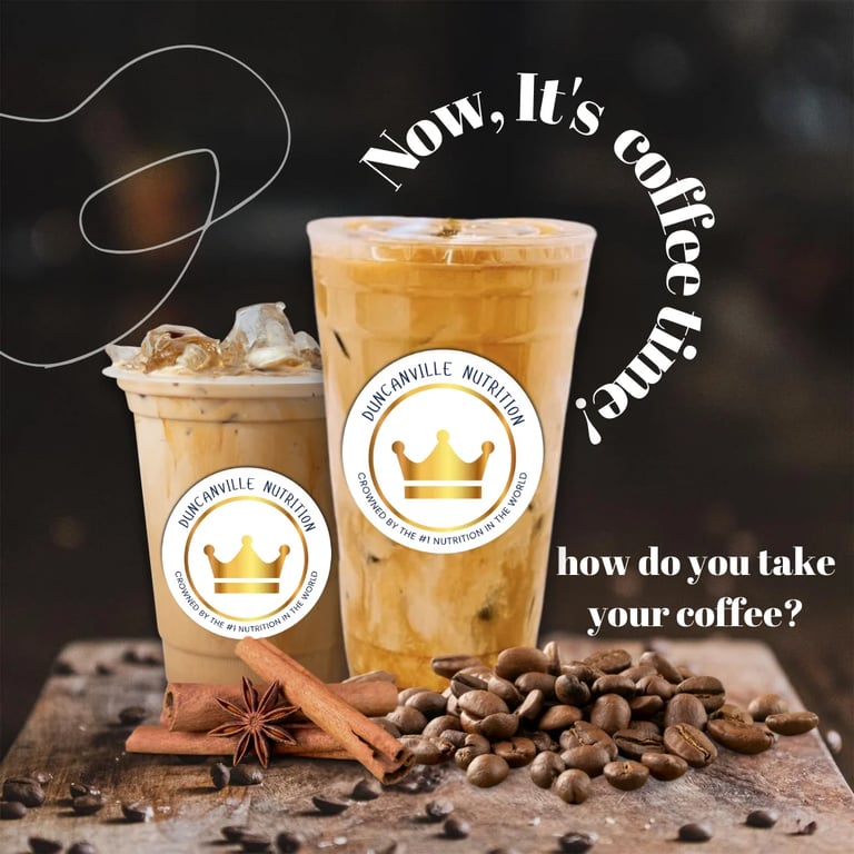 Two iced coffee drinks with Duncanville Nutrition branding, surrounded by coffee beans and spices