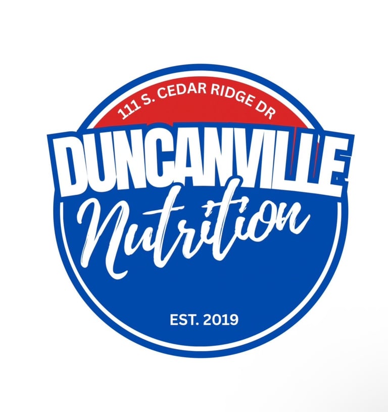 Duncanville Nutrition logo, blue circular badge with address and established 2019